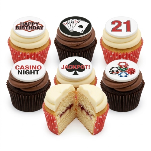 Six casino-themed cupcakes with playing cards, casino chips, dice, and 'Happy Birthday', 'Casino Night', 'Jackpot!' toppers.