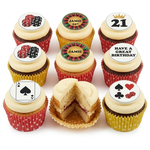 Set of casino theme cupcakes with poker chips, roulette, playing card, dice, custom age topper, and birthday message.