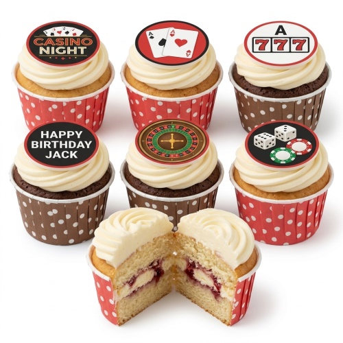 Casino themed cupcakes with playing cards, roulette wheel, dice, poker chips, and 'Casino Night' toppers.