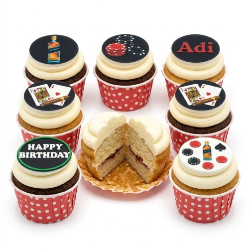 Cupcakes with casino, poker chip, playing card, and whiskey bottle toppers, and customisable 'Happy Birthday' and name messages.