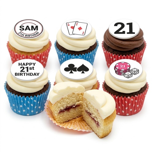Casino theme cupcakes with playing cards, poker chips, dice, and custom age toppers.