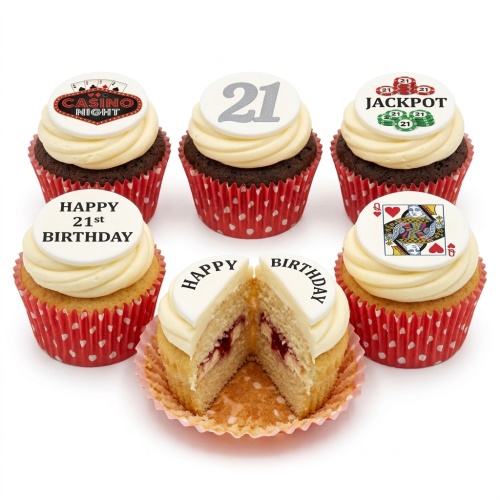 Six 21st birthday casino themed cupcakes with edible toppers featuring '21', 'Casino Night', 'Jackpot', and Queen of Hearts card.