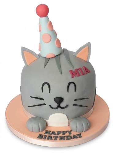Grey cat birthday cake with a light blue polka-dot party hat and "Happy Birthday" message.