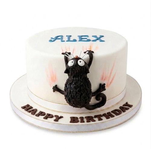 White round birthday cake with a black furry cat decoration climbing the side and 'Happy Birthday' message.