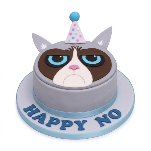 Round Grumpy Cat themed birthday cake with a party hat and a "Happy No" message on the board.