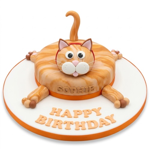 Orange tabby cat shaped birthday cake with 'Happy Birthday' message on the board.
