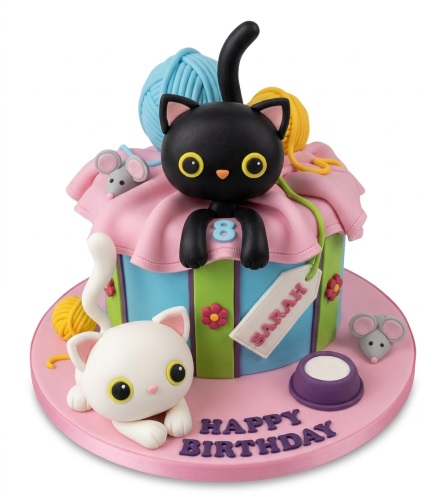 Cute cat theme birthday cake with black and white cat figurines, yarn, and custom age.