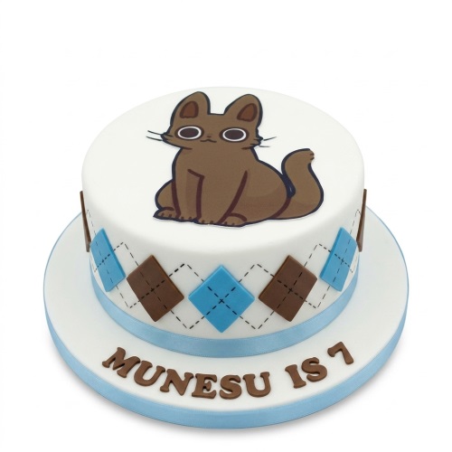 Round white birthday cake with a brown cartoon cat and blue and brown argyle pattern.