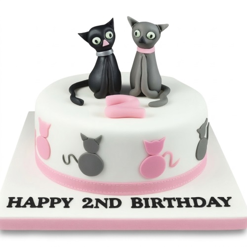 White round birthday cake with 3D black and grey cat toppers, pink and grey cat silhouettes, and a pink custom age topper.