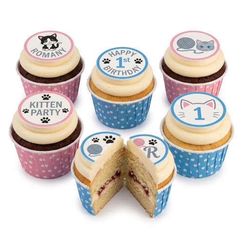 Kitten themed cupcakes with cat faces, paw prints, and yarn decorations in pink and blue polka dot cases.
