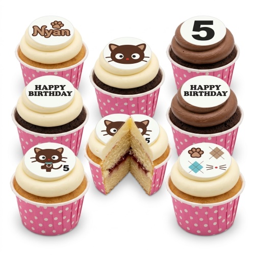 Assortment of cat theme birthday cupcakes with custom name, age, and Happy Birthday toppers.