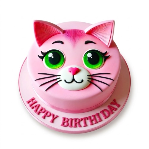 Pink cat face birthday cake with green eyes and whiskers, on a pink board with 'Happy Birthday'.