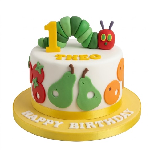 White round cake with The Very Hungry Caterpillar, fruit decorations, custom age topper, and personalised name.