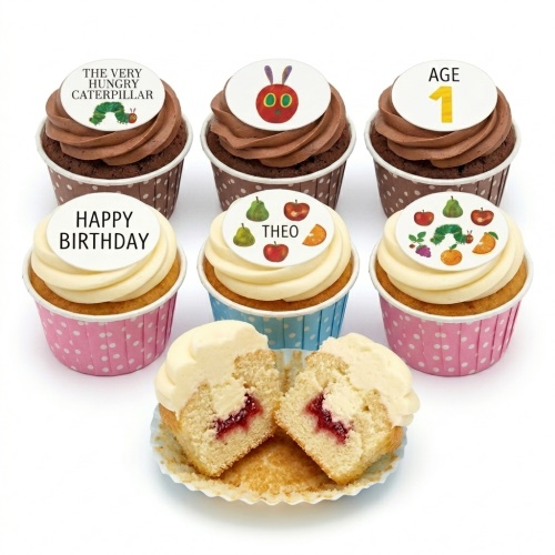 Set of Very Hungry Caterpillar themed cupcakes with chocolate and vanilla frosting, custom age, and personalised name examples.