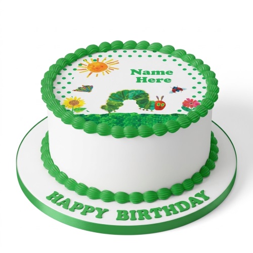 Round white birthday cake with The Very Hungry Caterpillar edible image and green piping.