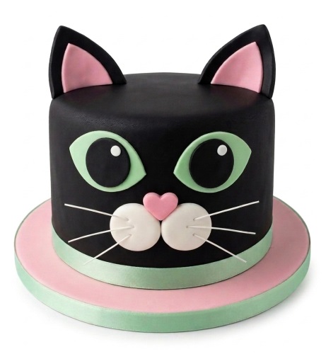 Black cat face birthday cake with green eyes, pink ears, and white whiskers.