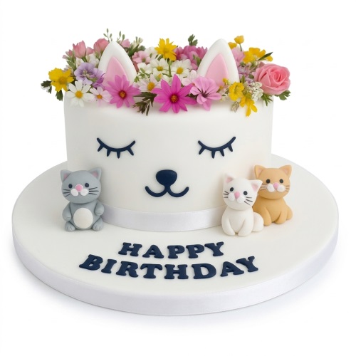 White round cat face birthday cake with pink and yellow floral crown and kitten figurines.