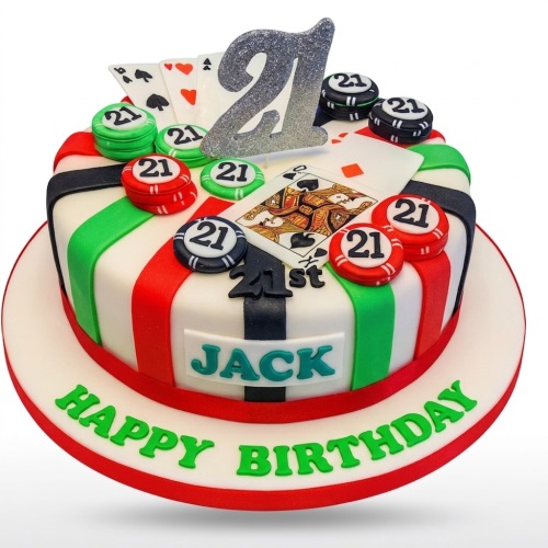Round casino theme birthday cake with playing cards, poker chips, and a custom age topper.