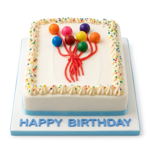White rectangular birthday cake with colourful edible balloons and sprinkles, with 'Happy Birthday' on the board.