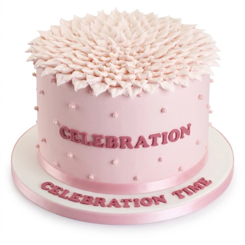 Elegant pink round cake with petal-like frosting on top, edible pearls, and a ribbon around the base.