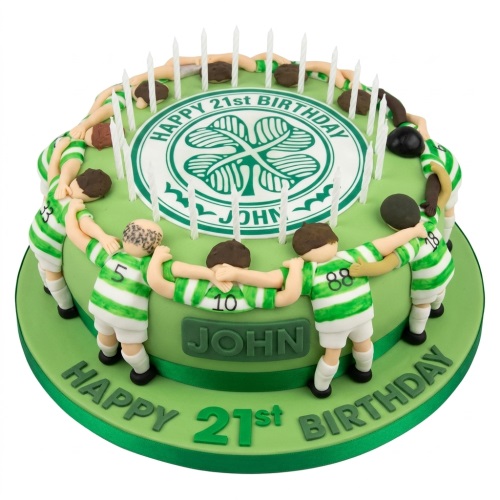 Round green and white football team birthday cake with player figures and custom age message.