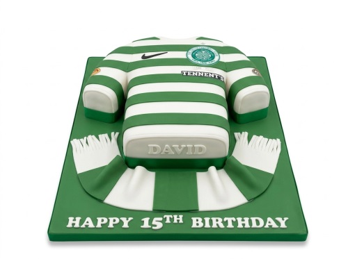 Celtic FC football shirt shaped birthday cake with a matching green and white scarf and custom message area.