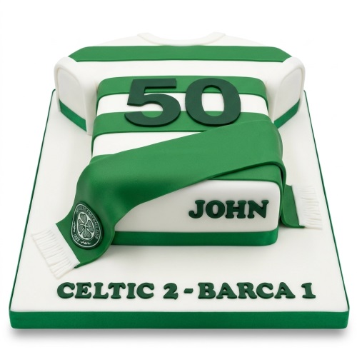 White and green striped football jersey cake with a Celtic FC scarf, custom age numbers, and a personalised name.