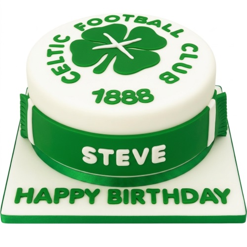 Round white and green Celtic Football Club themed birthday cake with custom name and 'Happy Birthday' message.