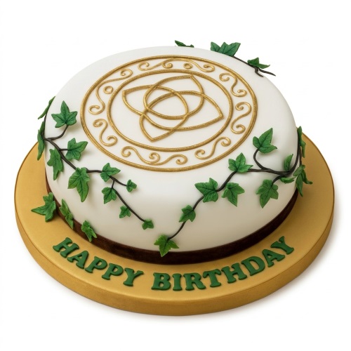 White round birthday cake with gold Celtic knot design and green ivy vines.