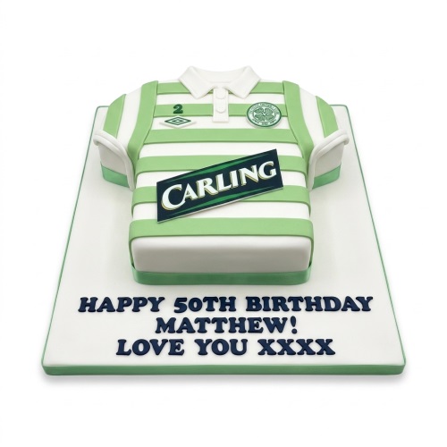 White and green striped football shirt birthday cake with a club crest and sponsor logo, on a white board with a custom message.