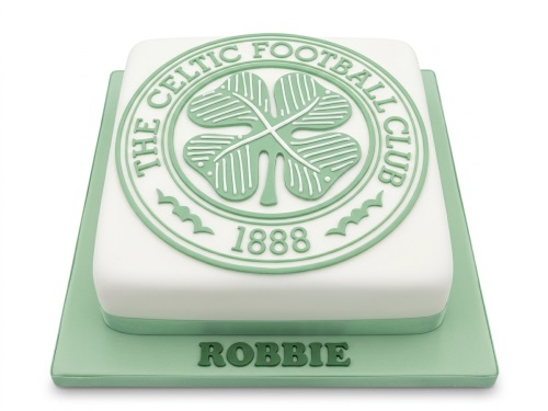 Square white cake with a green Celtic Football Club logo and a personalised name on the board.