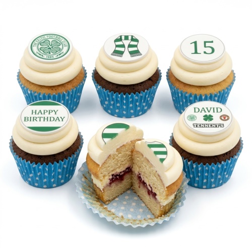 Celtic Football Club themed cupcakes with green and white frosting, featuring club logo, scarf, and customisable toppers.