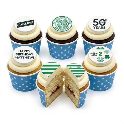 Cupcakes with Celtic Football Club logos, Carling, Umbro, green and white stripes, and custom age topper.