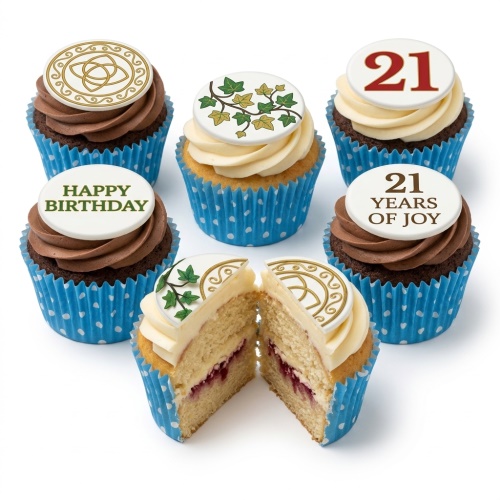 A selection of Celtic knot and ivy themed birthday cupcakes with custom age and 'Happy Birthday' toppers, in blue polka dot cases.