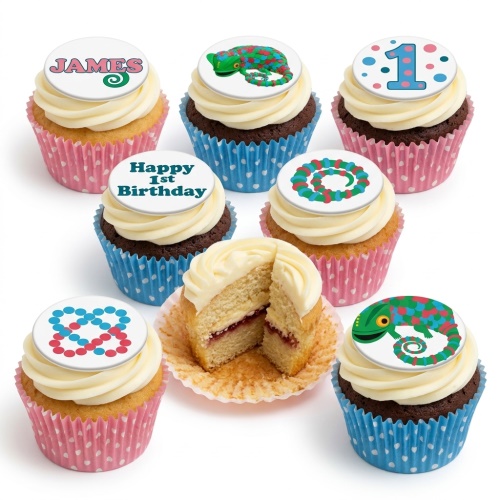 Cupcakes with white frosting and polka dot cases, featuring toppers with a green chameleon design, a custom age number one, and a personalised birthday message example.
