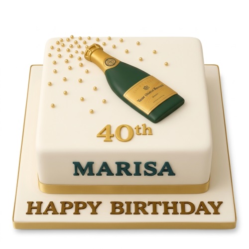 Two-tiered white square cake with a green champagne bottle, gold edible pearls, and customisable age and name.