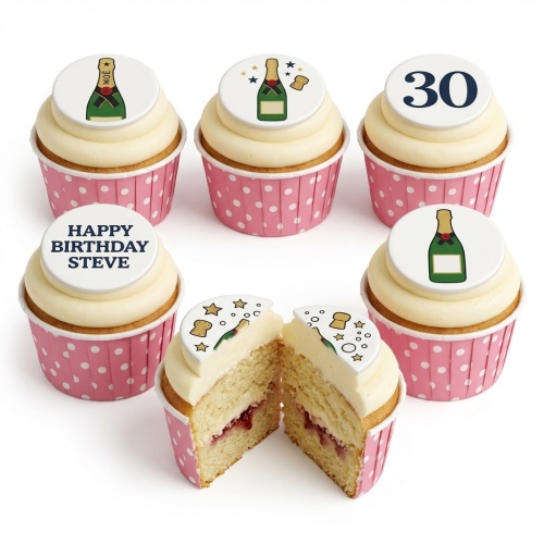 Cupcakes with white frosting and champagne bottle, cork, stars, and custom age toppers in pink polka dot cases.