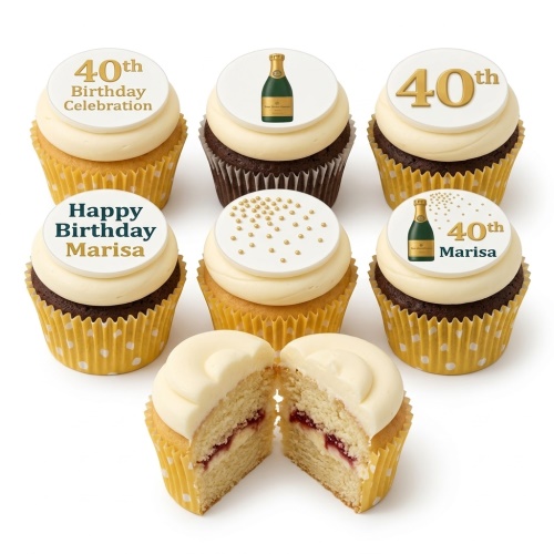 Champagne bottle and custom age birthday cupcakes with gold sprinkles, in vanilla and chocolate flavours.