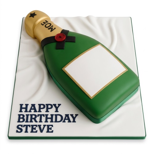 Green and gold champagne bottle shaped birthday cake on a white board with a custom message.