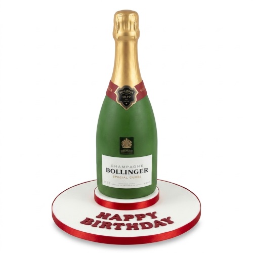 3D Bollinger Champagne bottle cake on a white board with red "Happy Birthday" message.