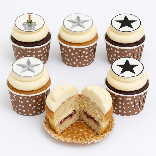 Six celebration cupcakes with cream frosting, brown polka dot cases, and edible toppers featuring silver stars, black stars, and a champagne bottle in an ice bucket.