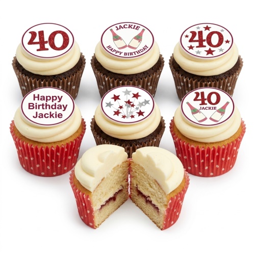 Adult birthday cupcakes with white frosting, red and silver celebration toppers, some with champagne bottles and stars, and custom age and name examples.