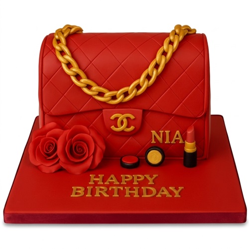 Red quilted handbag birthday cake with gold chain, CC logo, roses, lipstick, and a custom message board.