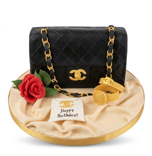 Black quilted Chanel-style handbag cake with gold chain, red rose, gold watches, and "Happy Birthday!" plaque.