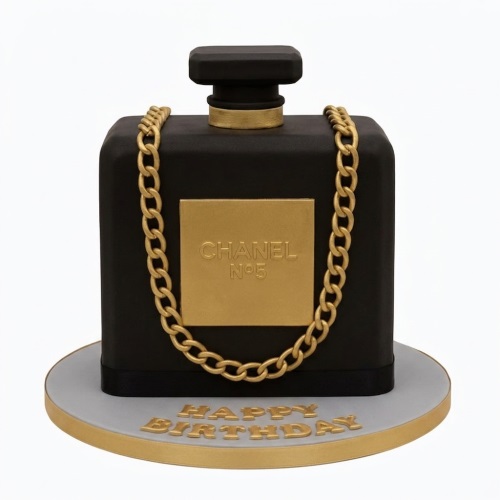 Black and gold Chanel No. 5 perfume bottle birthday cake with a gold chain.
