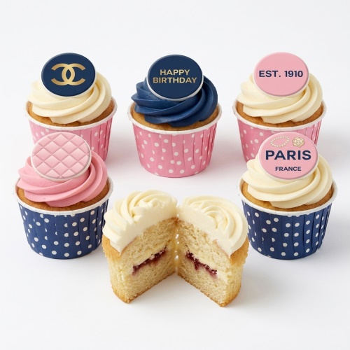 Luxury fashion-themed birthday cupcakes with designer-inspired toppers and elegant buttercream.