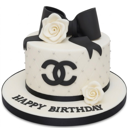 White and black Chanel-inspired birthday cake with CC logo, quilted pattern, bow, and white roses.