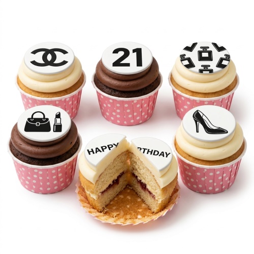 Fashion-themed birthday cupcakes with designer logos, handbag, lipstick, high heel, and custom age topper.