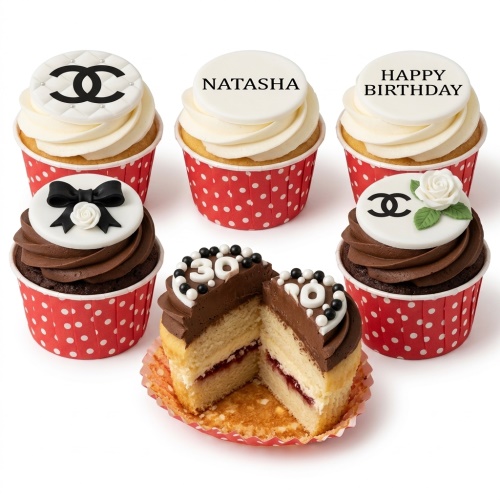 Vanilla and chocolate cupcakes with designer inspired logos, a bow, a rose, and customisable age and name toppers.