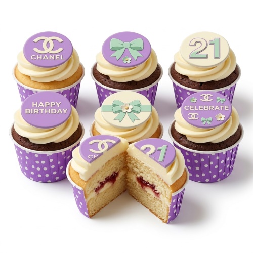 Chanel inspired birthday cupcakes in purple and white, with bows, 'Happy Birthday', 'Celebrate', and a '21' custom age topper.